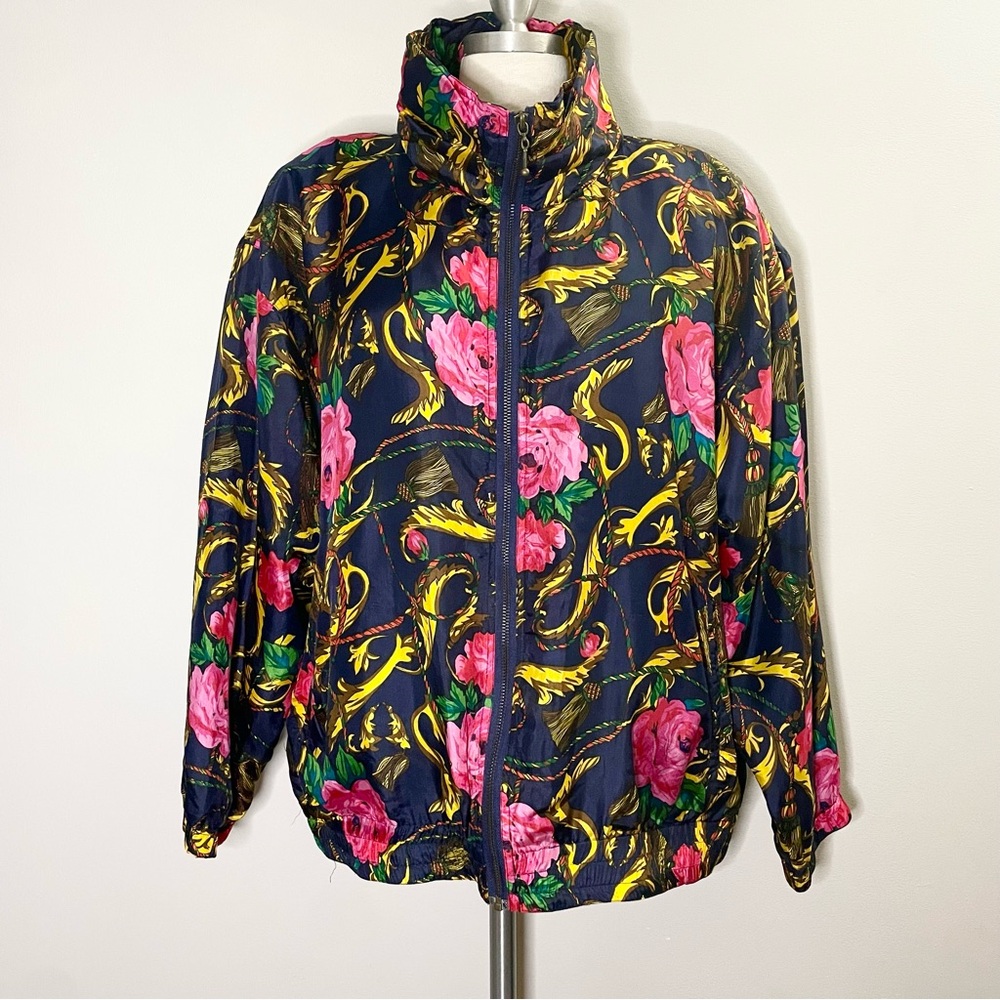 EVR Vintage 100% Silk Baroque Floral Scroll Tassel Print Bomber Jacket 80s 90s